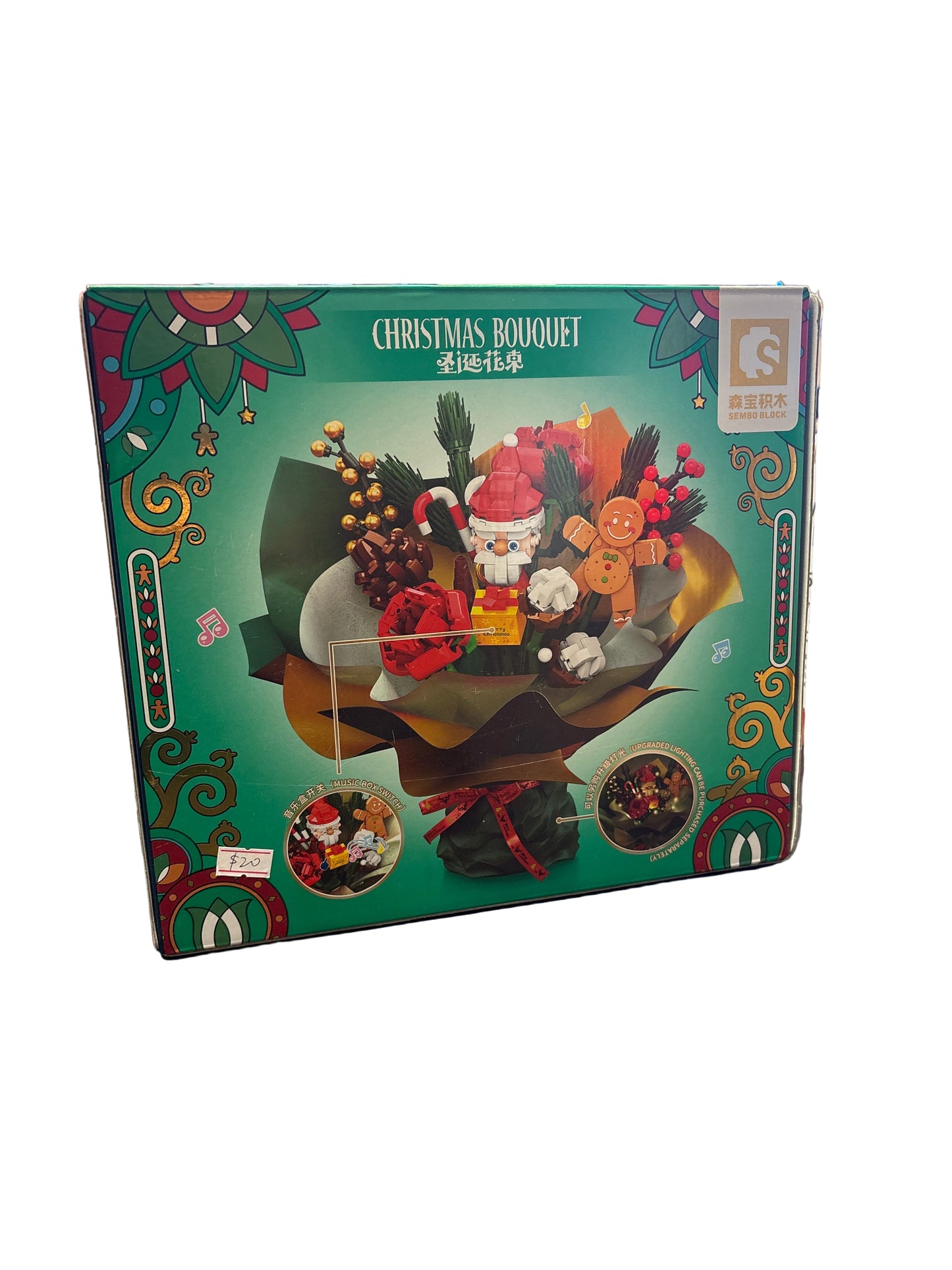 Sembo Block Christmas Bouquet Building Set – Santa, Gingerbread Man, Holiday LEGO-Style Flowers, Music Box & Light-Up Decoration
