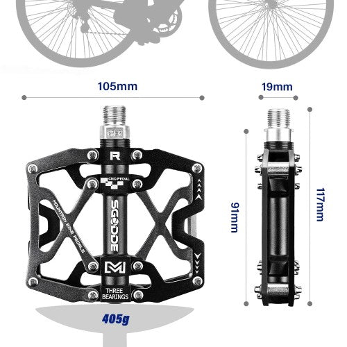 SGODDE Mountain Bike Pedals, Aluminum Alloy 9/16 inch Flat Pedals with 3 Bearings for Bikes, Universal Fit (Black) - X002WSL3JB