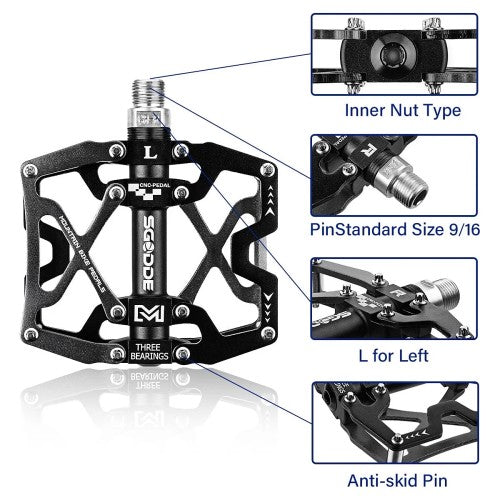 SGODDE Mountain Bike Pedals, Aluminum Alloy 9/16 inch Flat Pedals with 3 Bearings for Bikes, Universal Fit (Black) - X002WSL3JB