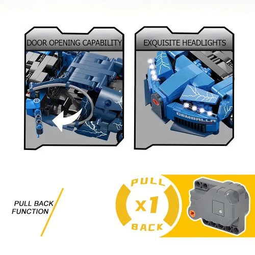 Car Building Blocks Set, 1:18 Scale Sports Car Model with Pull Back Motor
