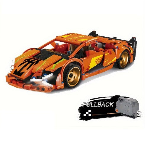 Car Building Blocks Set, 1:18 Scale Sports Car Model with Pull Back Motor