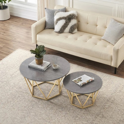 Set of 2 Coffee Table Set, Modern Faux Marble Coffee Table and End Table for Home, Living Room (Grey-Gold) - GilesCoffeeTableGY&G-FWS