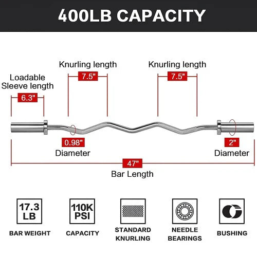 Olympic Curl Bar, 47 inch EZ Curl Barbell, 400 LB Weight Capacity Lifting Bar for Strength Training, Biceps Curl and Triceps Extensions