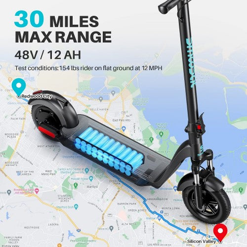 SmooSat MAX 电动滑板车,500W 折叠电动滑板车,带智能 APP,10 英寸轮胎,前悬架,续航里程 48 公里,最高速度 30 公里/小时,最大负载 264 磅