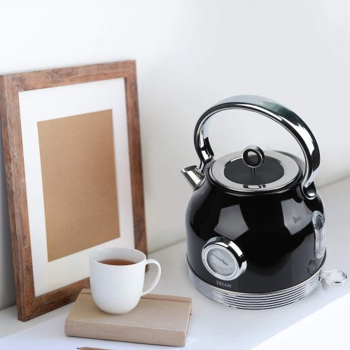 1.7L Electric Kettle with Thermometer, Retro Stainless Steel Water Tea Maker with Limescale Filter, Automatic Shut-Off (Black) - BT-K15T