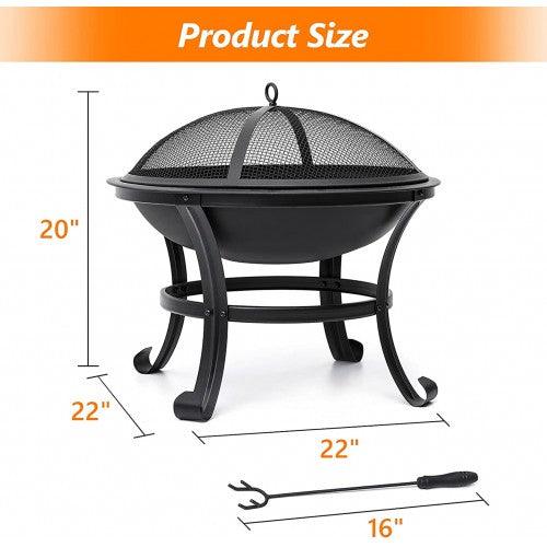 KingSo 22" Steel Outdoor Wood Burning Fire Pit BBQ Grill Steel Bowl with Round Mesh Spark Screen Cover