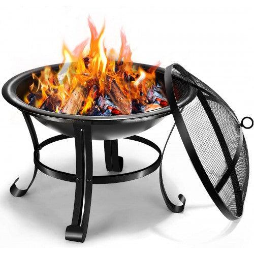 KingSo 22" Steel Outdoor Wood Burning Fire Pit BBQ Grill Steel Bowl with Round Mesh Spark Screen Cover