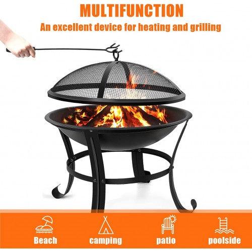 KingSo 22" Steel Outdoor Wood Burning Fire Pit BBQ Grill Steel Bowl with Round Mesh Spark Screen Cover