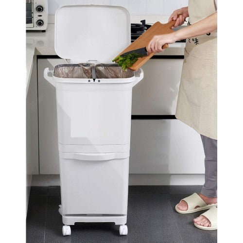 40L Double Layer Trash Bin, Multi-Layer Classification Storage Bin with Step-Pedal, Rolling Wheels for Home, Kitchen, Recycling - YM-608