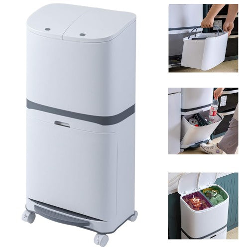 40L Double Layer Trash Bin, Multi-Layer Classification Storage Bin with Step-Pedal, Rolling Wheels for Home, Kitchen, Recycling - YM-608
