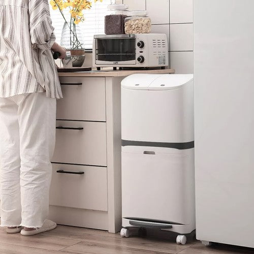 40L Double Layer Trash Bin, Multi-Layer Classification Storage Bin with Step-Pedal, Rolling Wheels for Home, Kitchen, Recycling - YM-608