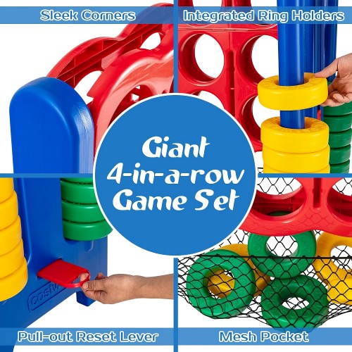 Giant Connect 4 游戏套装,4 连线游戏,带快速释放杆,网状口袋,适合儿童、成人、室内、室外