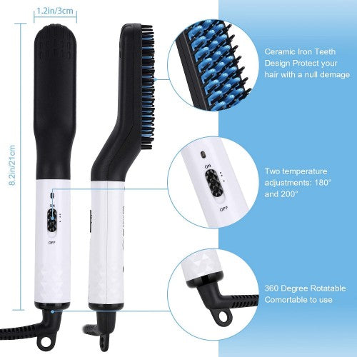 Hair Straightening Brush, 2 in 1 Hair Beard Electric Heated Brush, Anti-Scald for Men - HJ21471