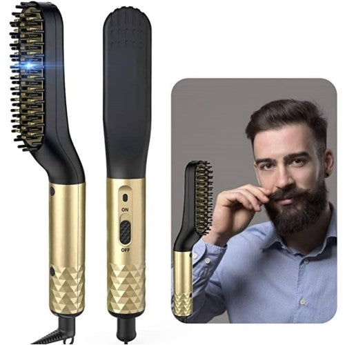 Hair Straightening Brush, 2 in 1 Hair Beard Electric Heated Brush, Anti-Scald for Men - HJ21471
