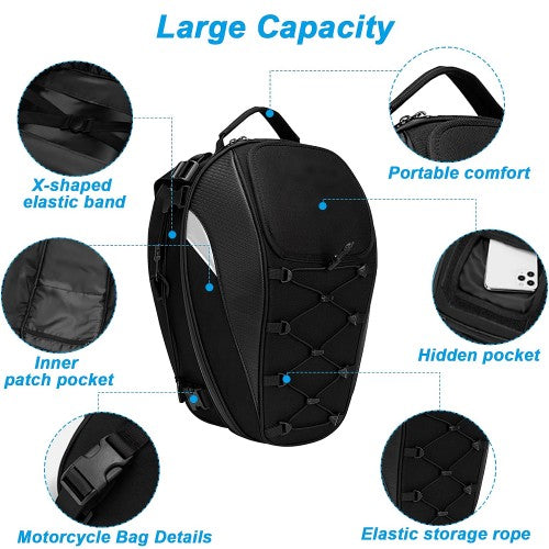 Helmet Bag, Waterproof Motorcycle Tail Bag Backpack with Waterproof Cover, Extra Cargo Net (Black)