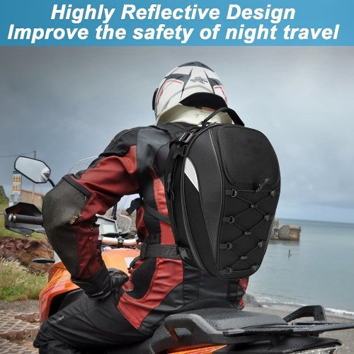 Helmet Bag, Waterproof Motorcycle Tail Bag Backpack with Waterproof Cover, Extra Cargo Net (Black)