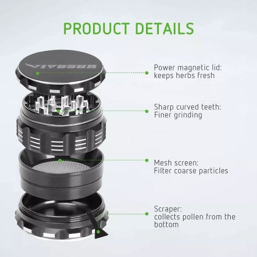 VIVOSUN 2.5" inch Herb Grinder, 4-Layer Aluminum Spice Grinder with Magnetic Lid, Mesh Screen for Home, Kitchen, Spices, Herbs - 03