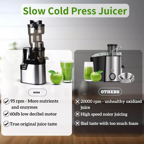 OHTE Slow Masticating Juicer, 250W Stainless Steel Slow Cold Press Juicer Machine with 100mm Large Feed Chute for Vegetables and Fruit - OHCL2023S