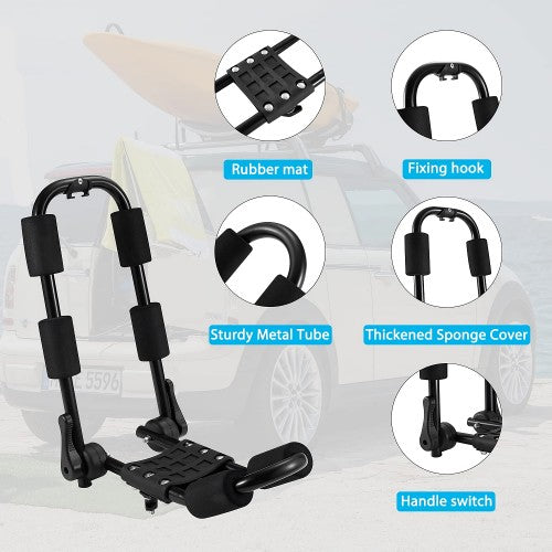 Kayak Roof Rack Set, 2 Foldable J-Bar Roof Carrier for Kayaks, Canoes, Surfboards on Crossbar of Cars, SUVs
