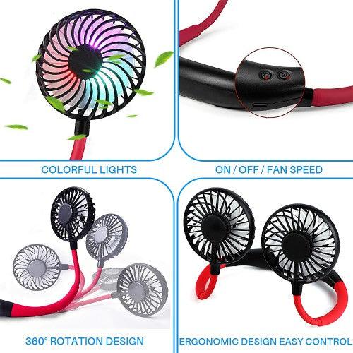 便携式颈扇可充电 USB 免提风扇,带 3 级气流,7 个 LED 灯,适用于家庭办公室旅行室内室外