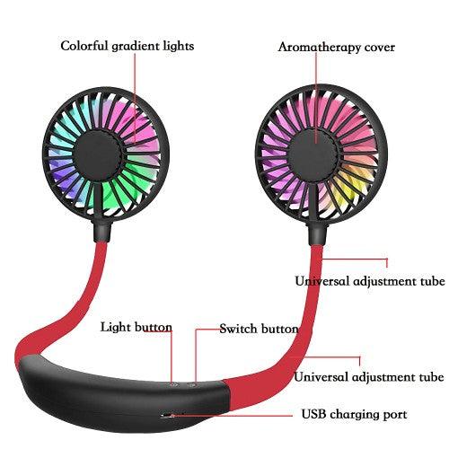 便携式颈扇可充电 USB 免提风扇,带 3 级气流,7 个 LED 灯,适用于家庭办公室旅行室内室外