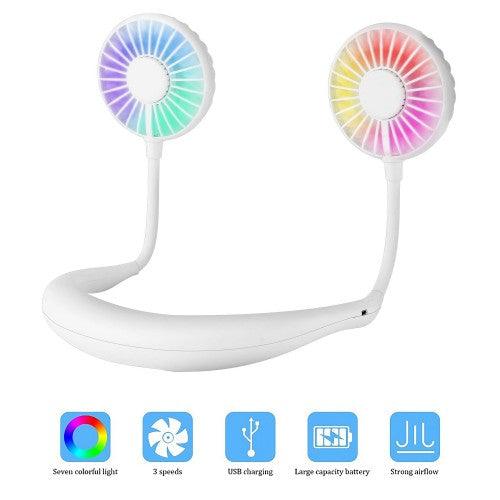 便携式颈扇可充电 USB 免提风扇,带 3 级气流,7 个 LED 灯,适用于家庭办公室旅行室内室外