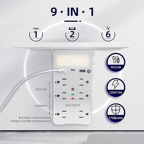 九合一壁式插座扩展器,6 个交流电源插座,2 个 USB 端口,夜灯和搁架,适用于家庭和办公室 - WSS-605