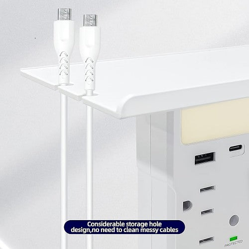 九合一壁式插座扩展器,6 个交流电源插座,2 个 USB 端口,夜灯和搁架,适用于家庭和办公室 - WSS-605