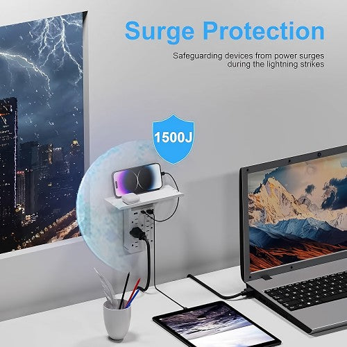 九合一壁式插座扩展器,6 个交流电源插座,2 个 USB 端口,夜灯和搁架,适用于家庭和办公室 - WSS-605