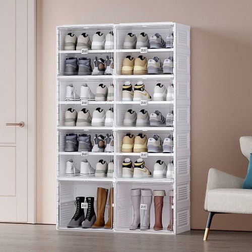 Portable Shoe Box, 8 Tier 28 Pairs, Portable Shoe Organizers Storage Boxes with Magnetic Door, Easy Assembly