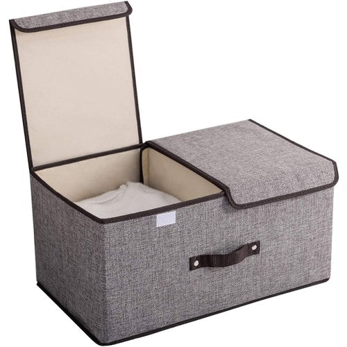 Foldable Linen Storage Box, 50 x 30 x 25 cm Double Lid Organizer Container for Home, Office, Clothes, Books, Toys (Grey) - HJ23052