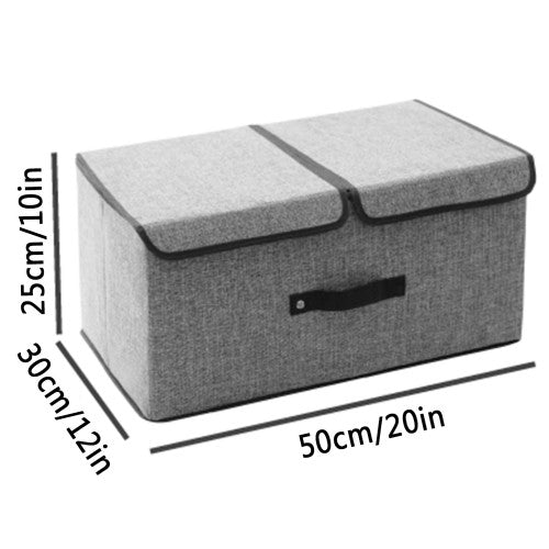 可折叠亚麻收纳盒,50 x 30 x 25 厘米双盖收纳盒,适用于家庭、办公室、衣服、书籍、玩具(灰色)- HJ23052