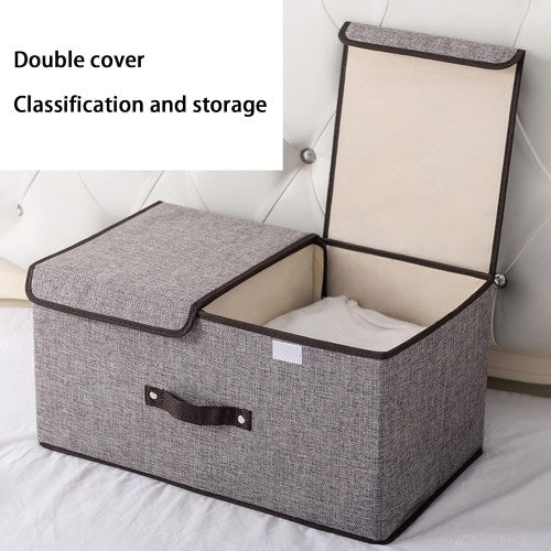 Foldable Linen Storage Box, 50 x 30 x 25 cm Double Lid Organizer Container for Home, Office, Clothes, Books, Toys (Grey) - HJ23052