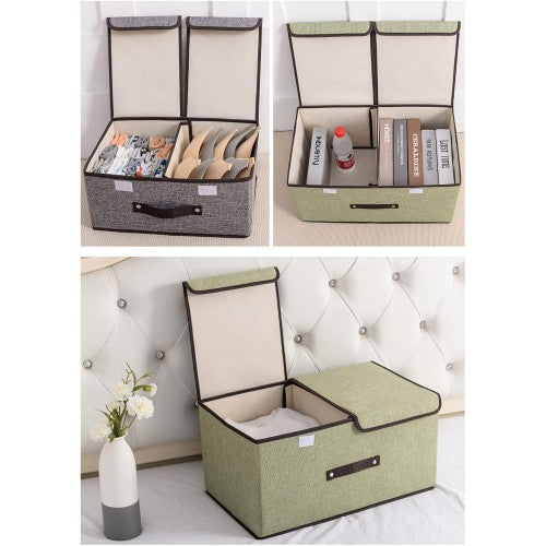 Foldable Linen Storage Box, 50 x 30 x 25 cm Double Lid Organizer Container for Home, Office, Clothes, Books, Toys (Grey) - HJ23052