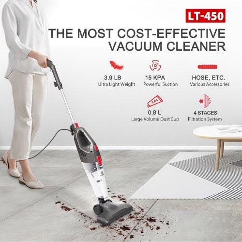 吸尘器,450W 轻型有线直立式吸尘器,配备 15KPa 吸力、H12-HEPA 过滤器、0.8L 集尘杯