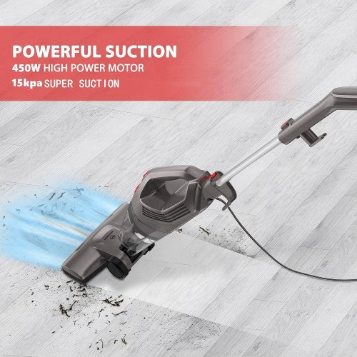 吸尘器,450W 轻型有线直立式吸尘器,配备 15KPa 吸力、H12-HEPA 过滤器、0.8L 集尘杯