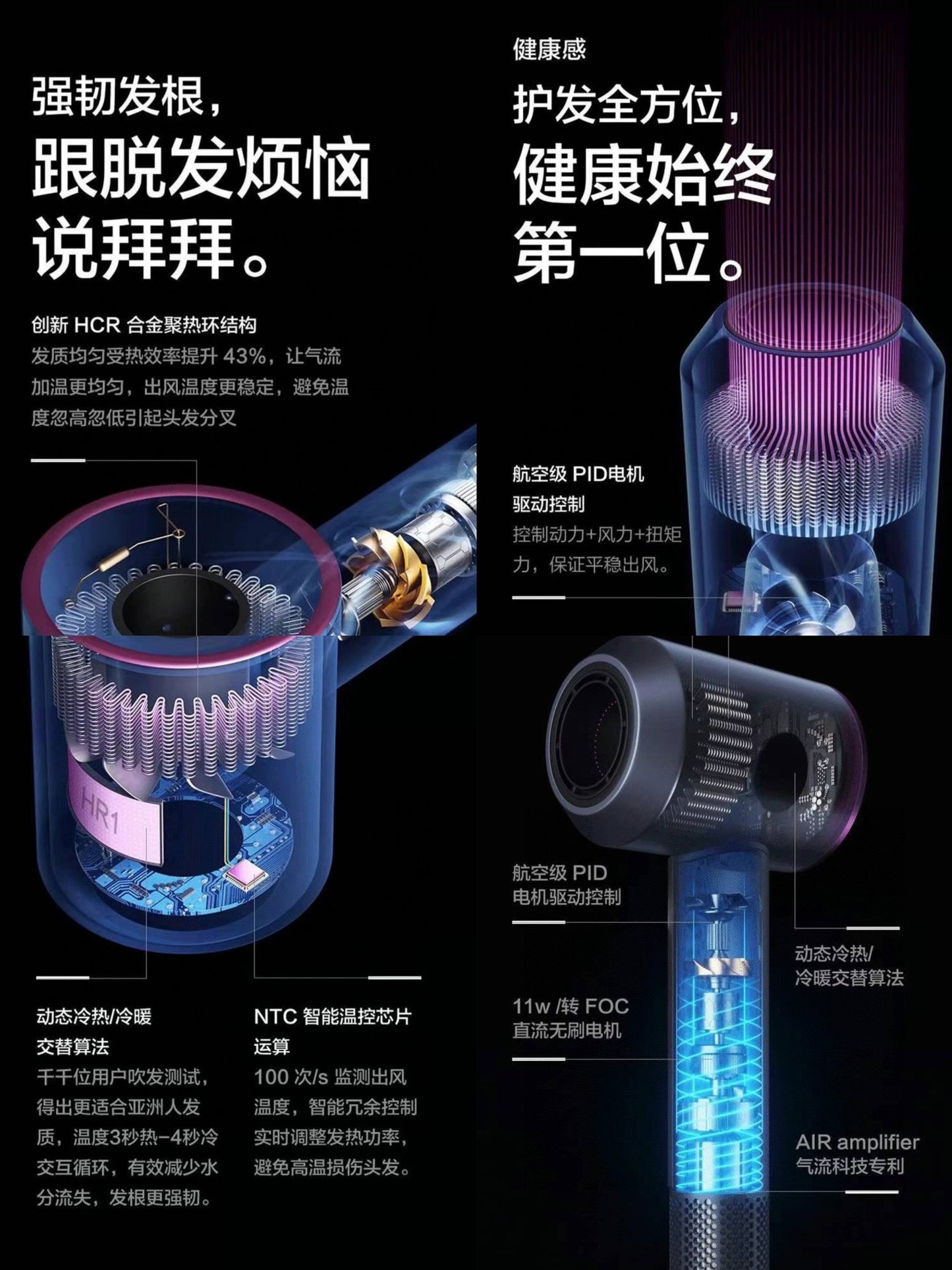 快干吹风机,负离子吹风机,配备高速 110,000 RPM 无刷强力数码电机、低噪音温控吹风机、磁性喷嘴