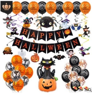 Family Halloween party photo - 5 people in costumes with orange black polka dot balloons and bat cutouts