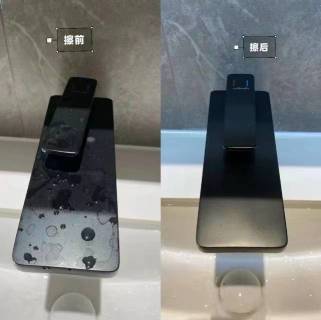 Before and after elevator panel - before: smeared fingerprints and water marks, after: clean reflective surface