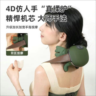 Massager product shot - olive green five-finger silicone design with transparent body showing internal mechanism