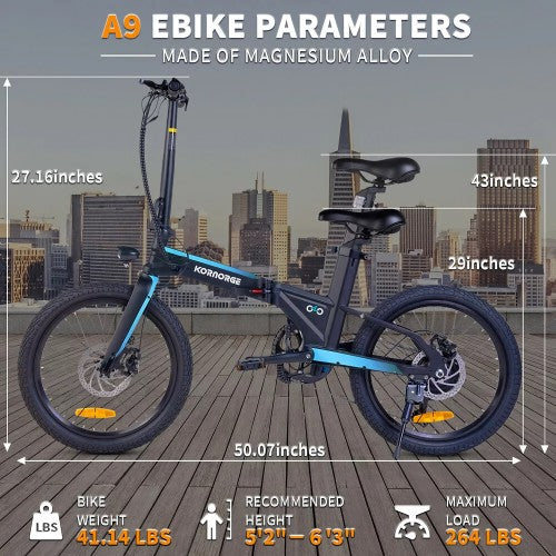 KORNORGE A9 Foldable Electric Bike, 20" E-Bike with 250W Motor, Lightweight Frame, LED Headlight, Shimano 7-Speed, 3 Modes, 15.5 MPH Max Speed
