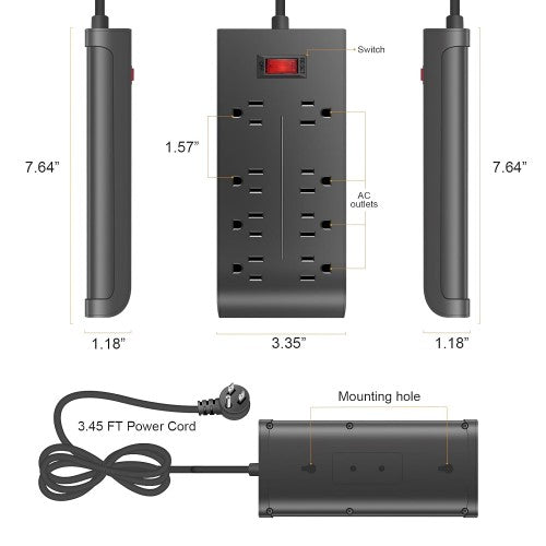 2 件装防浪涌电源板,带 1.5 米电源线、8 个交流电源插座、扁平插头,适用于家庭、办公室、宿舍,壁挂式 - U8
