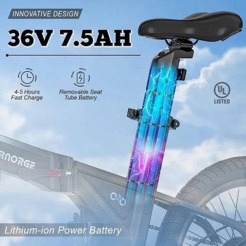 KORNORGE A9 Foldable Electric Bike, 20" E-Bike with 250W Motor, Lightweight Frame, LED Headlight, Shimano 7-Speed, 3 Modes, 15.5 MPH Max Speed
