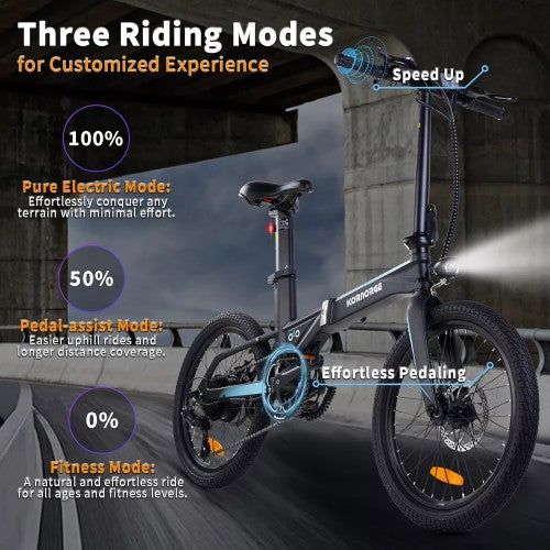 KORNORGE A9 Foldable Electric Bike, 20" E-Bike with 250W Motor, Lightweight Frame, LED Headlight, Shimano 7-Speed, 3 Modes, 15.5 MPH Max Speed