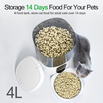 4L Automatic Pet Feeder, WiFi Pet Food Dispenser with Stainless Steel Bowl, App Control, Portion Control, Voice Recording for Pets