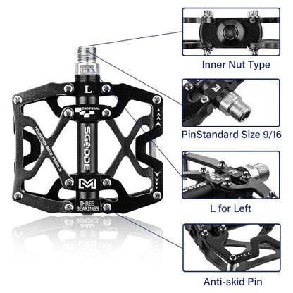 SGODDE Mountain Bike Pedals, Aluminum Alloy 9/16 inch Flat Pedals with 3 Bearings for Bikes, Universal Fit (Black) - X002WSL3JB