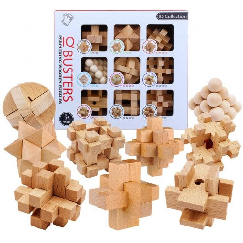 IQ Busters 9 PCS Wooden Brain Teaser Puzzle Assembly & Disentanglement Puzzles for Kids Adults