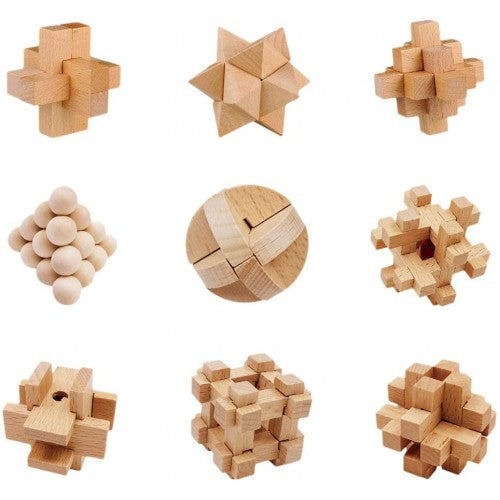 IQ Busters 9 PCS Wooden Brain Teaser Puzzle Assembly & Disentanglement Puzzles for Kids Adults