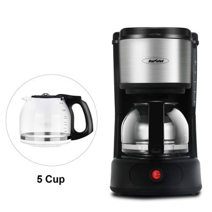 5 Cup Coffee Maker, Drip Coffee Machine with Glass Carafe, Reusable Filter