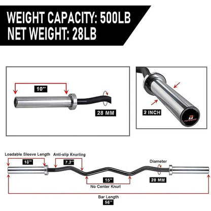 奥林匹克弯举杠铃，56 英寸 EZ 弯举杠铃，500 磅重量容量举重杠铃，适用于力量训练、二头肌弯举和三头肌伸展